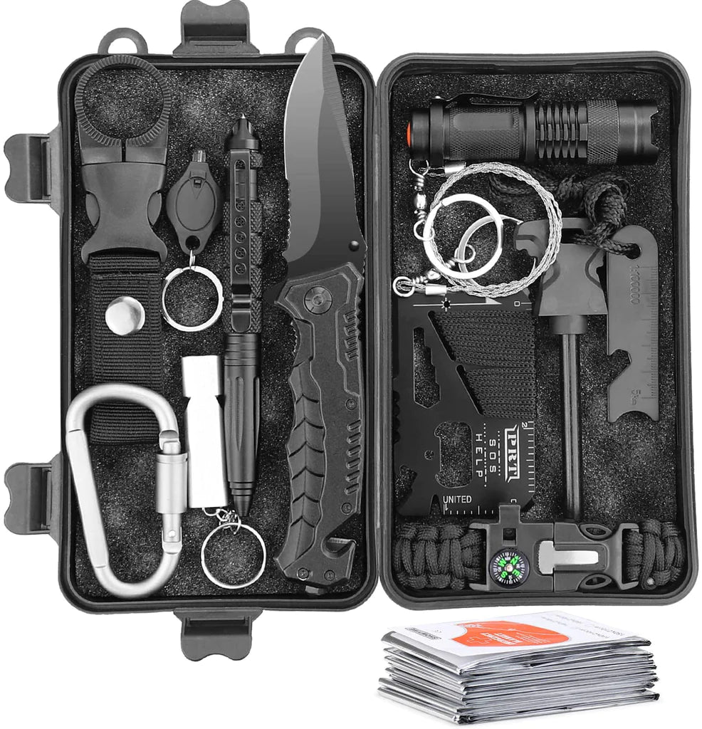 Set di sopravvivenza completo - strumenti di sopravvivenza per esterni inclusi paracord, lampada, fischietto, acciaio antincendio