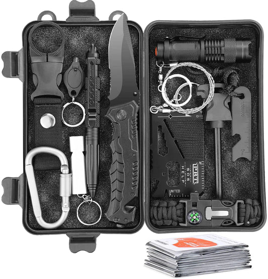 Set di sopravvivenza completo - strumenti di sopravvivenza per esterni inclusi paracord, lampada, fischietto, acciaio antincendio
