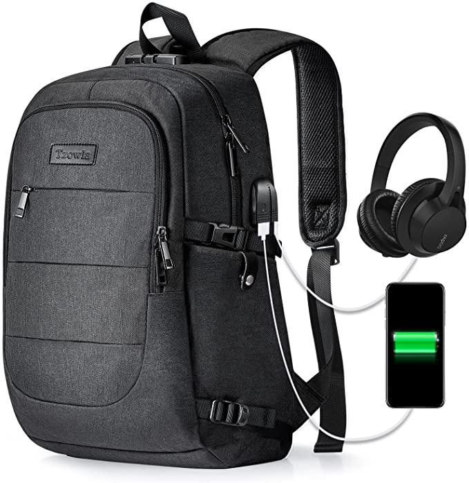 Zaino per laptop Zaino per la scuola antifurto da uomo resistente all'acqua con porta di ricarica USB e serratura Borsa per laptop da 14/15,6 pollici per donne Ragazzi Zaino da viaggio per lavoro per il tempo libero Nero