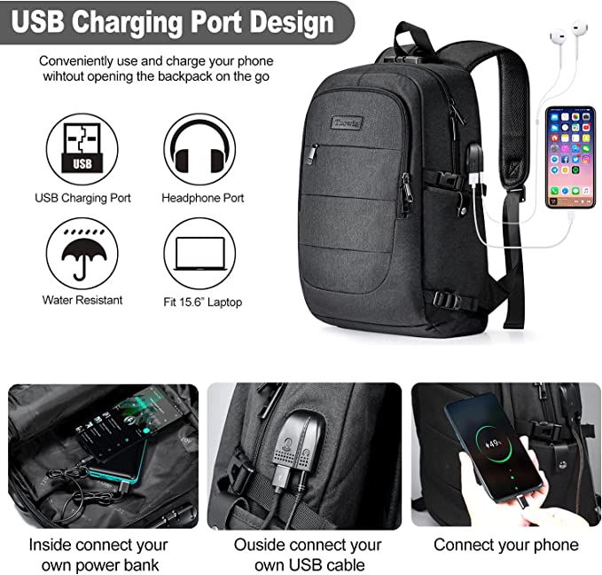 Zaino per laptop Zaino per la scuola antifurto da uomo resistente all'acqua con porta di ricarica USB e serratura Borsa per laptop da 14/15,6 pollici per donne Ragazzi Zaino da viaggio per lavoro per il tempo libero Nero