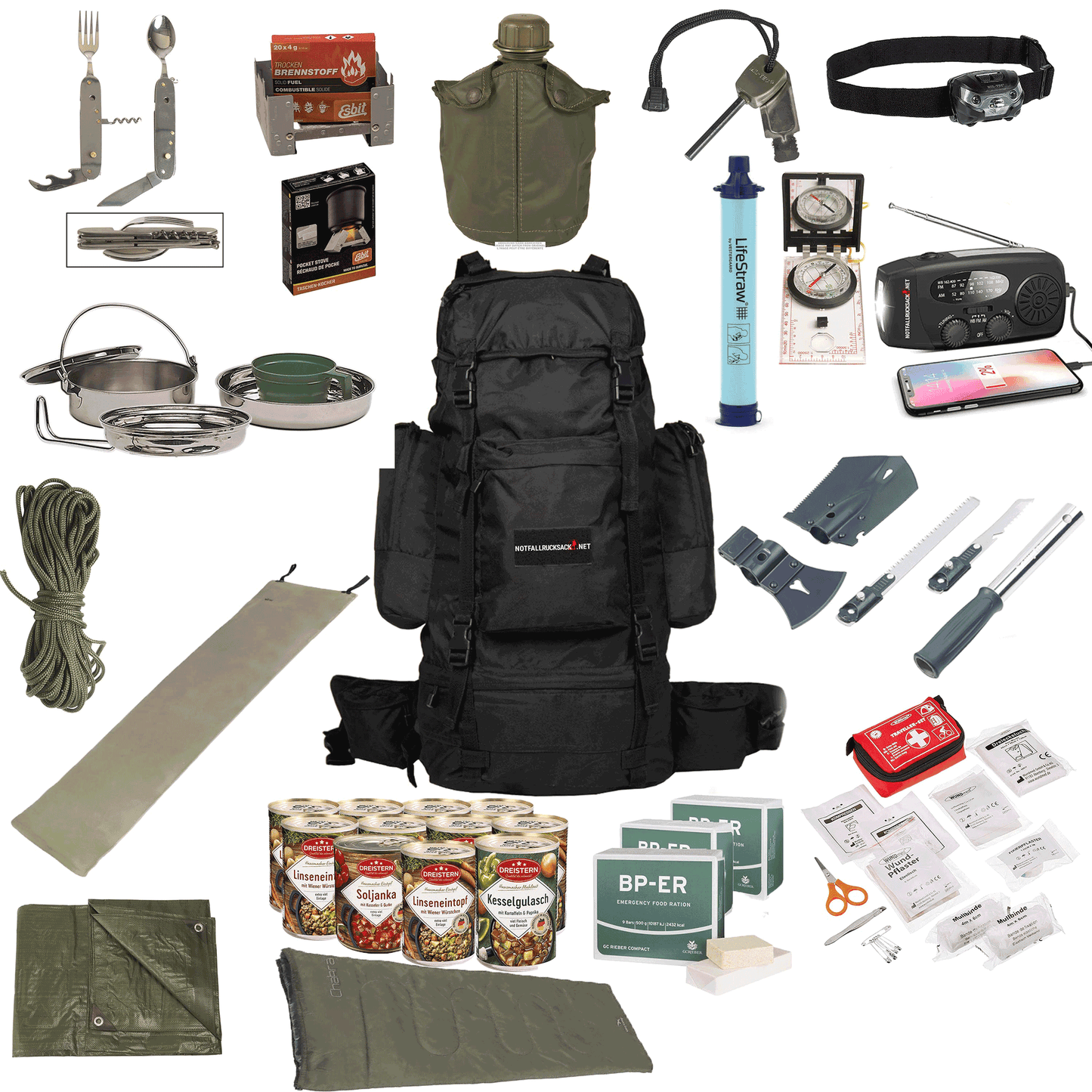 Zaino di emergenza Premium - Kit di sopravvivenza completo con radio solare