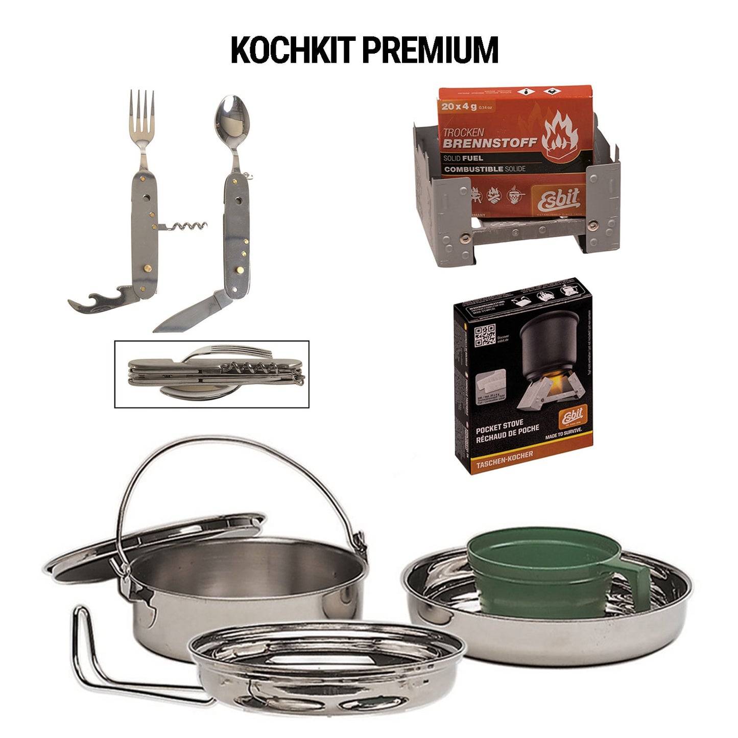 Kit Cucina - Kit Campeggio Starter Food con set di stoviglie, fornello pieghevole con combustibile, coltello con posate