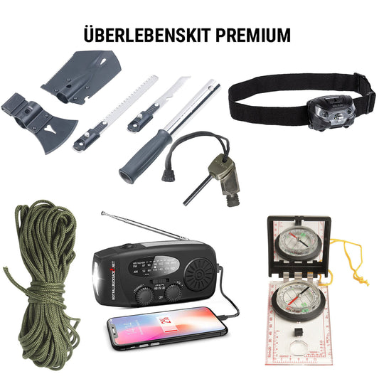 Kit di sopravvivenza Premium: ascia, sega, vanga, radio a manovella, torcia frontale, bussola, firesteel, paracord