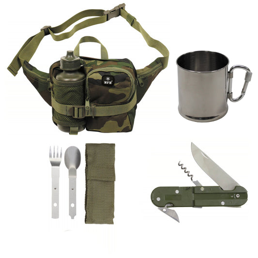 Kit escursionismo marsupio con borraccia 500ml con tazza in acciaio inox e posate in 3 pezzi con coltellino tascabile