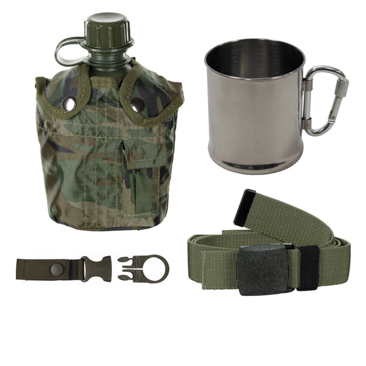 Set escursionismo borraccia 1L, tazza in acciaio inox con moschettone, cintura tattica e porta bottiglia